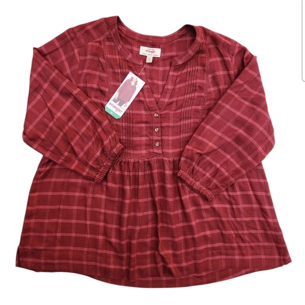 Wrangler Women's Blouses/ Shirt Long Sleeve Burgundy Red V-Neck Size XL - Picture 2 of 12